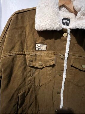 Mida Women’s Heavy Faux-Sherpa Lined Brown Denim Cropped Snap-Up Jacket